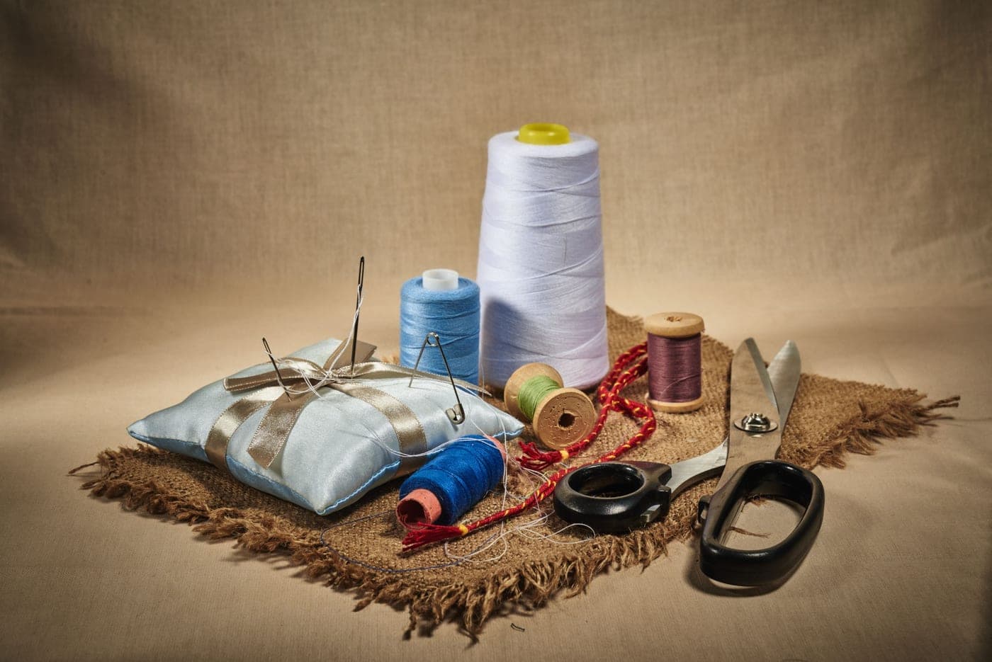 Sewing supplies arranged in a still-life composition