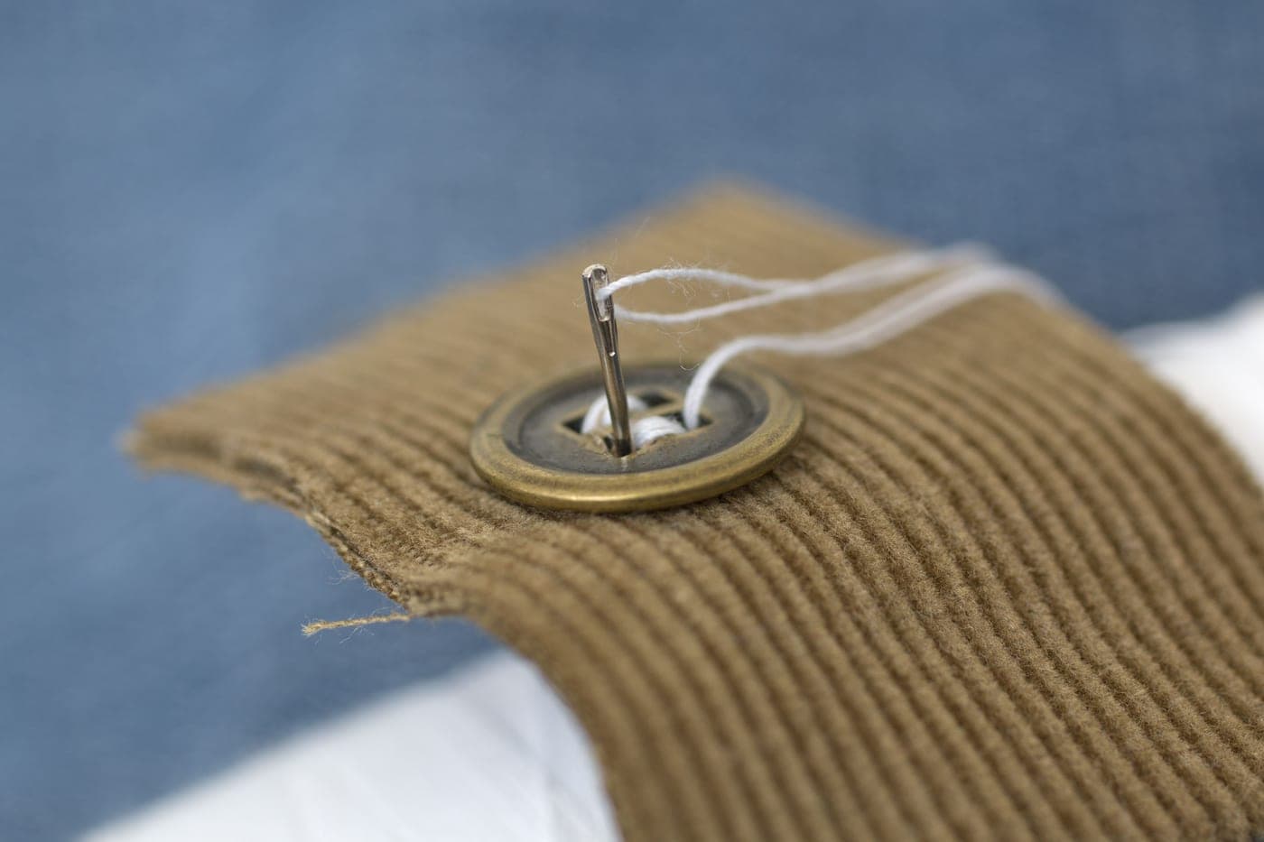 Close view of a needle and a button on fabric