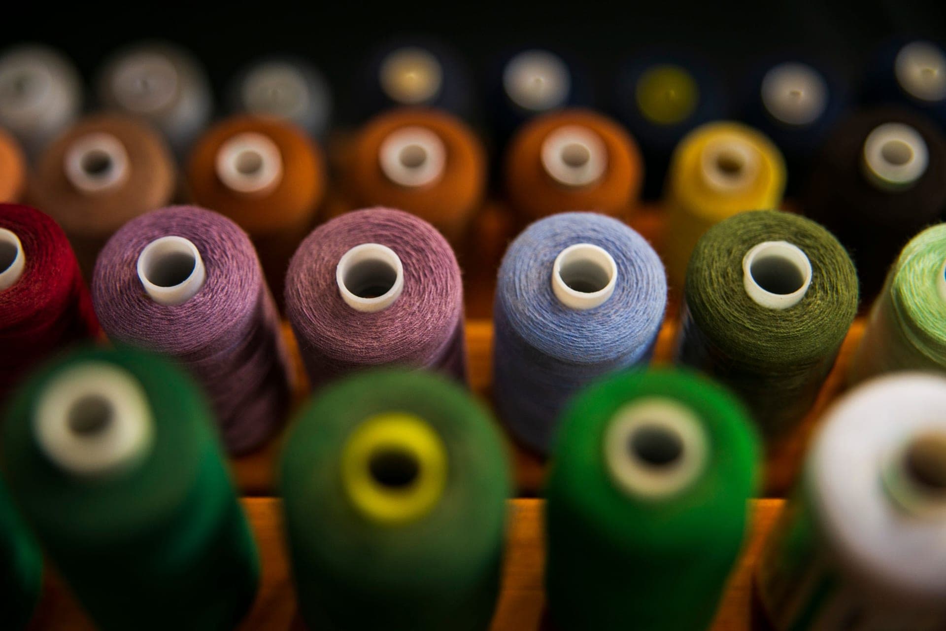 Rows of assorted colored thread spools in shallow focus